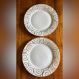 Pier 1 Gold Swirl Porcelain 2 Dinner Plates 10 3/8”.